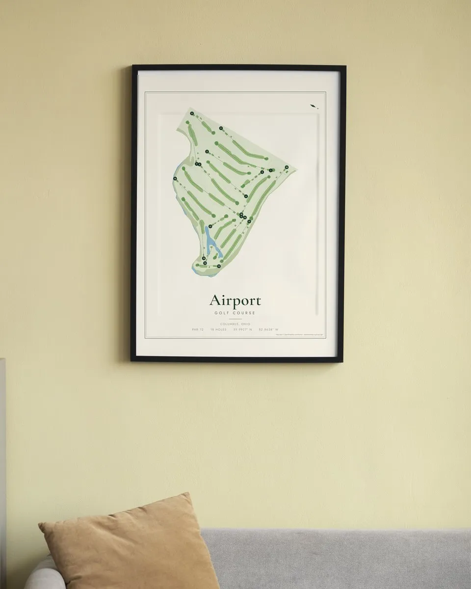 Airport Golf Course golf course map print framed on a wall