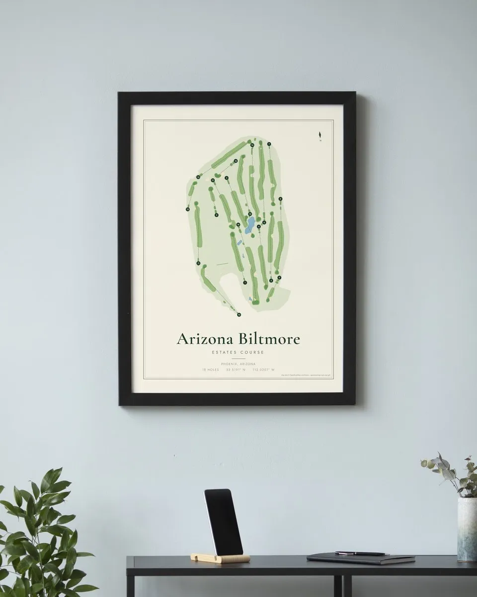 Arizona Biltmore Estates Course golf course map print framed on a wall