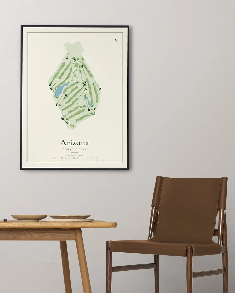 Arizona Country Club golf course map print framed on a wall