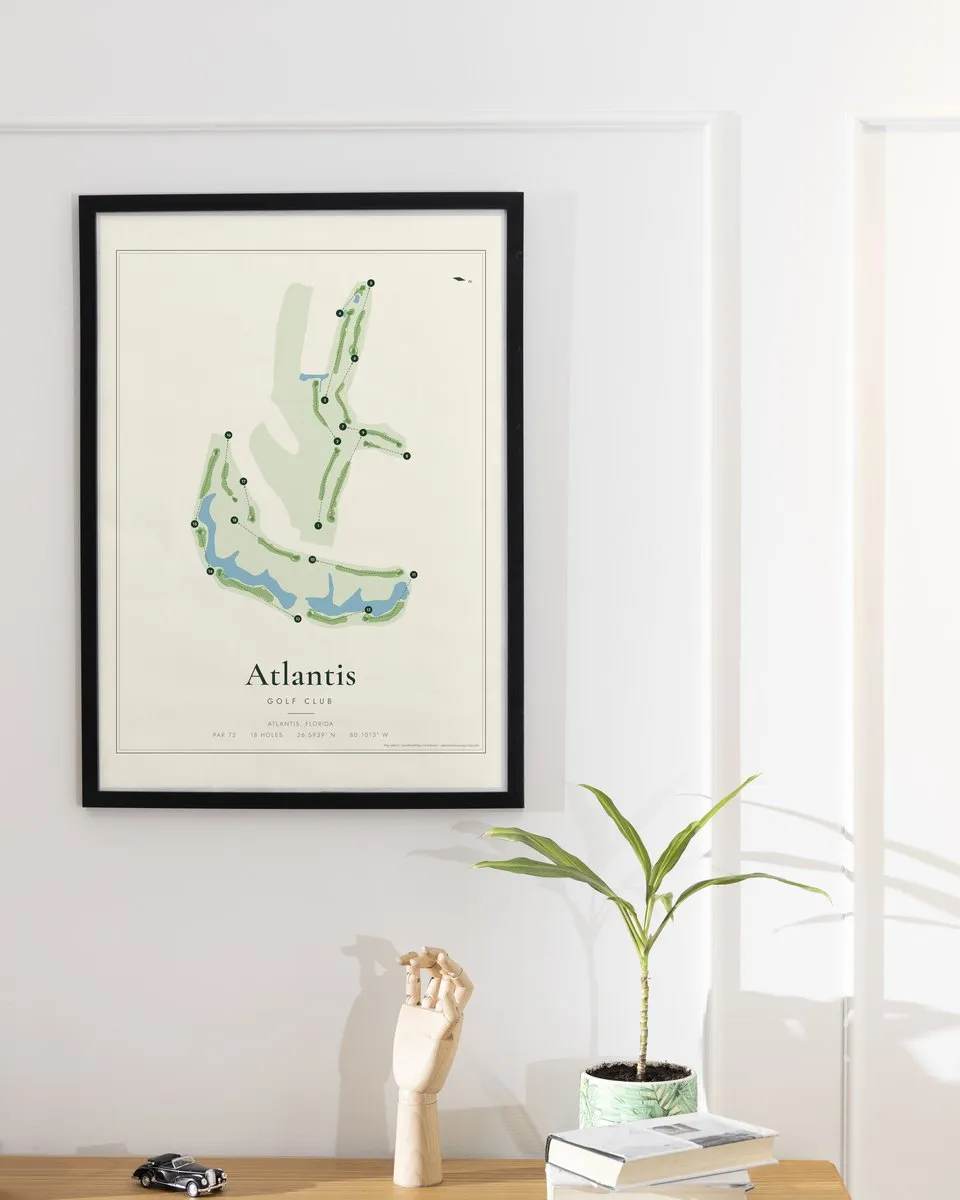Atlantis Golf Club golf course map print framed on a wall
