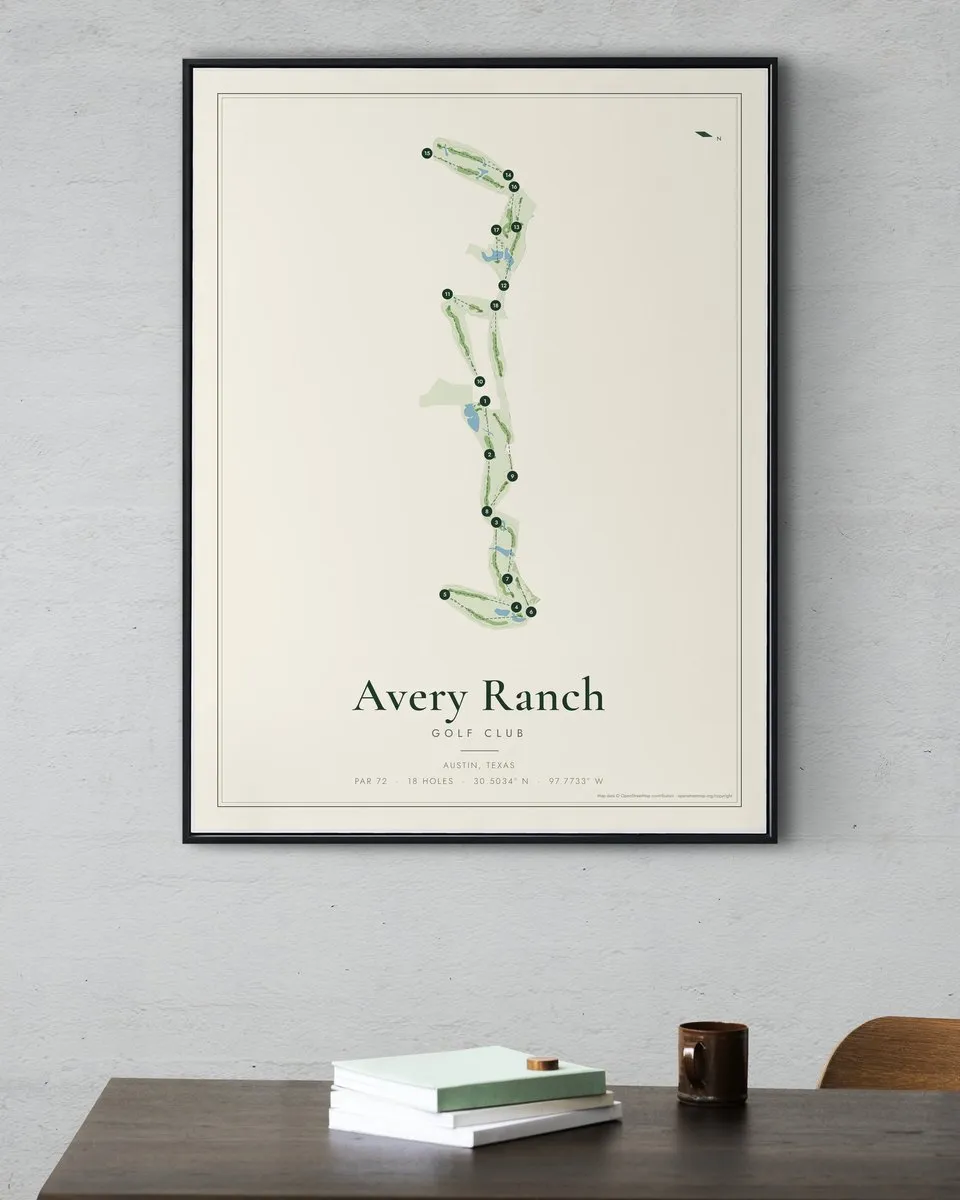 Avery Ranch Golf Club golf course map print framed on a wall