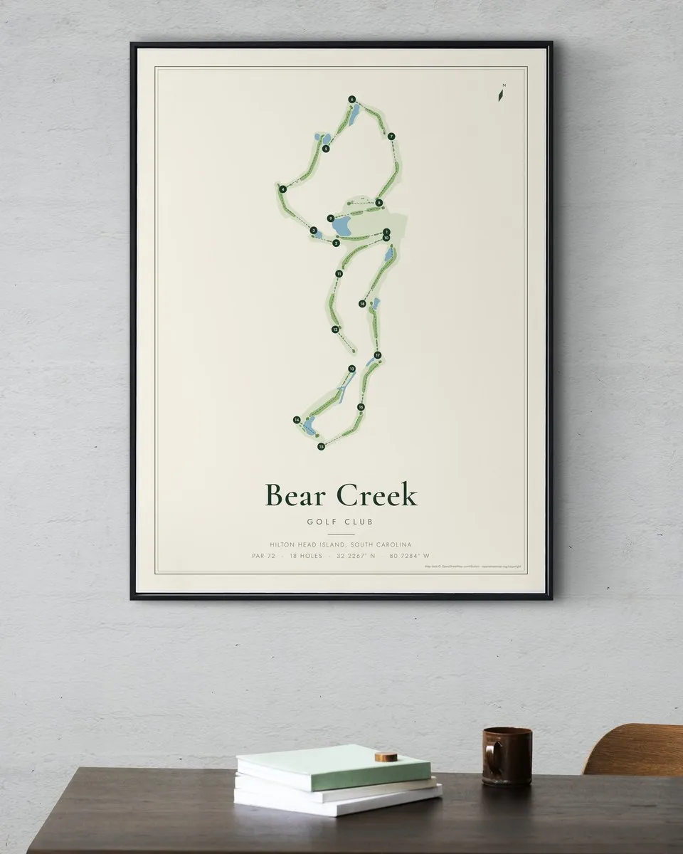 Bear Creek Golf Club golf course map print framed on a wall