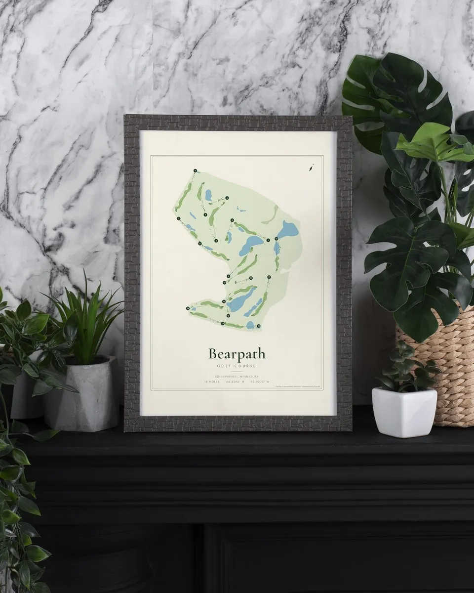 Bearpath golf course map print framed on a wall