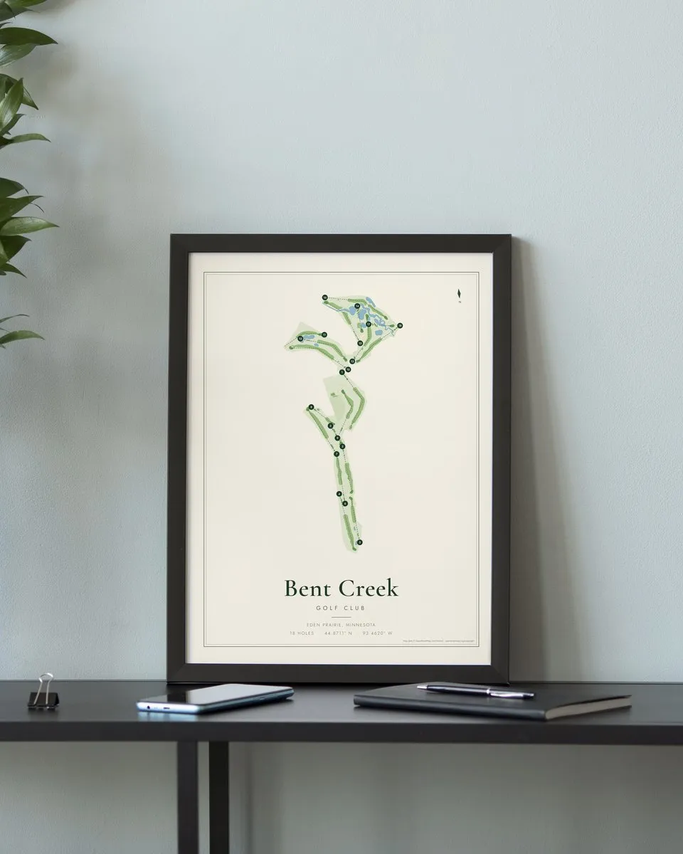 Bent Creek Golf Club golf course map print framed on a wall