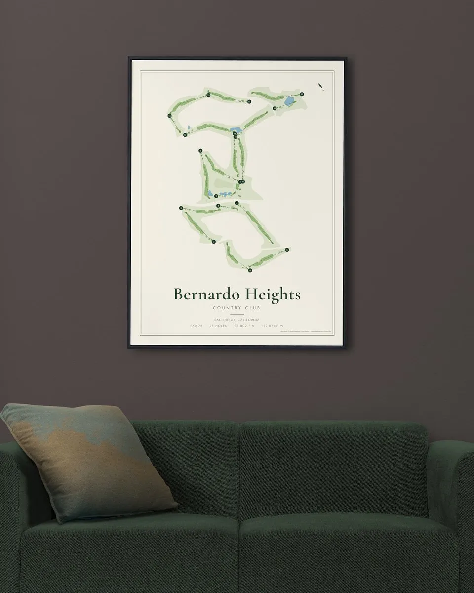 Bernardo Heights Country Club golf course map print framed on a wall