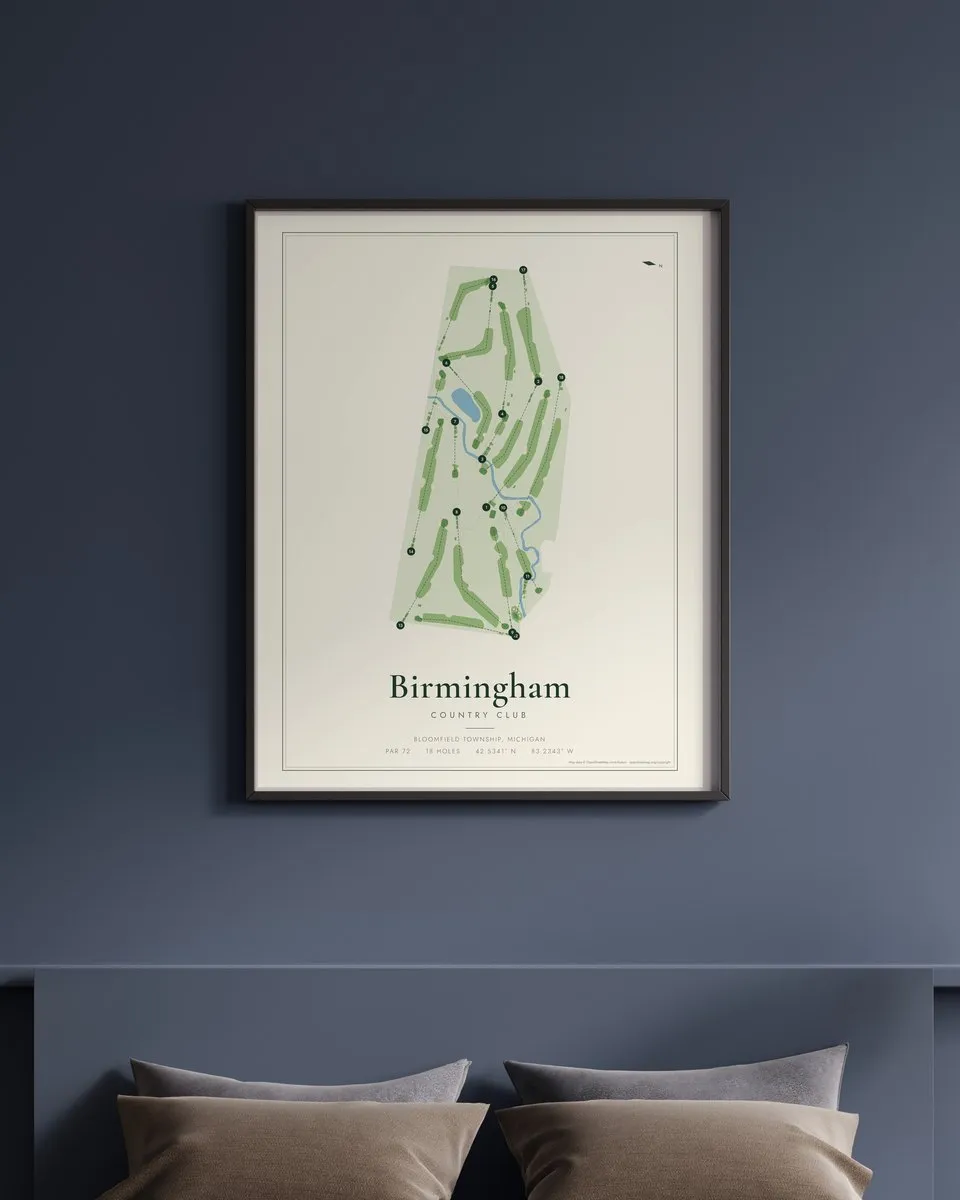 Birmingham Country Club golf course map print framed on a wall