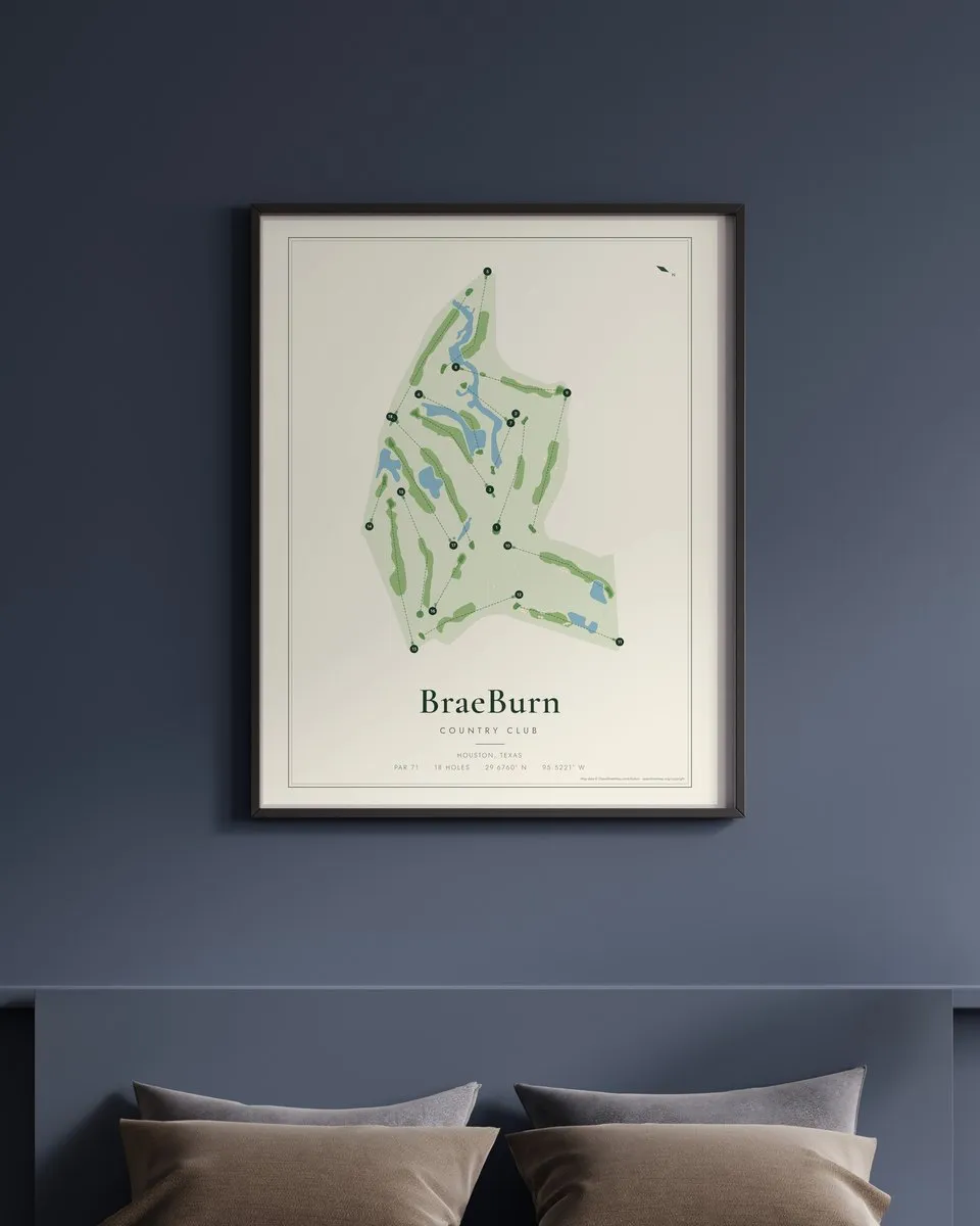 BraeBurn Country Club golf course map print framed on a wall