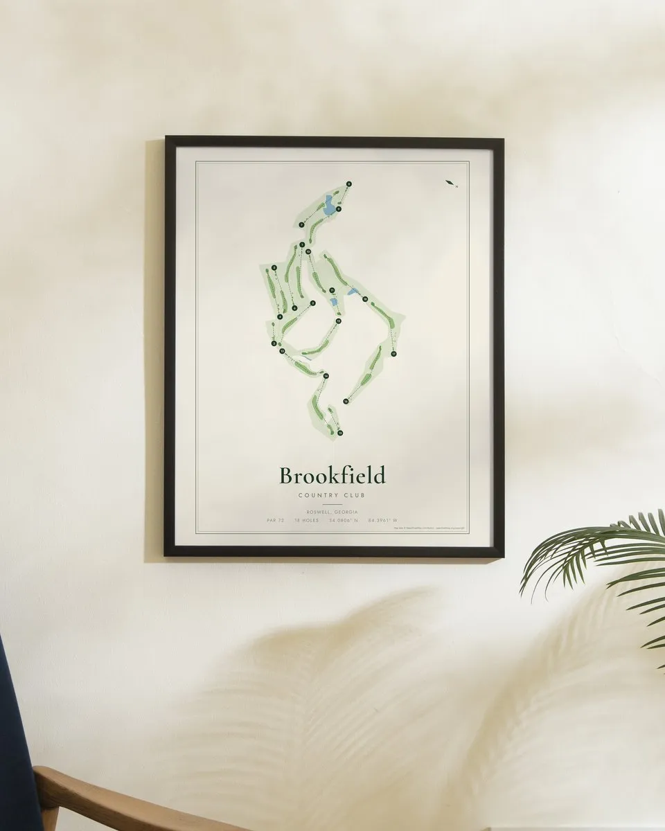 Brookfield Country Club golf course map print framed on a wall