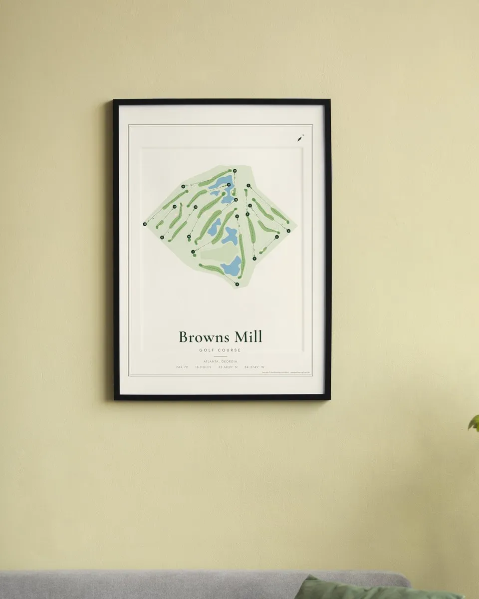 Browns Mill Golf Course golf course map print framed on a wall