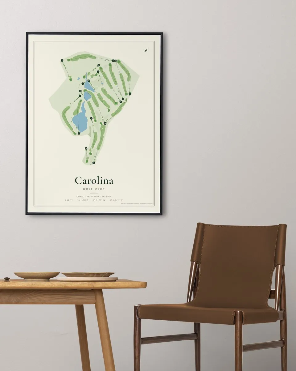 Carolina Golf Club golf course map print framed on a wall