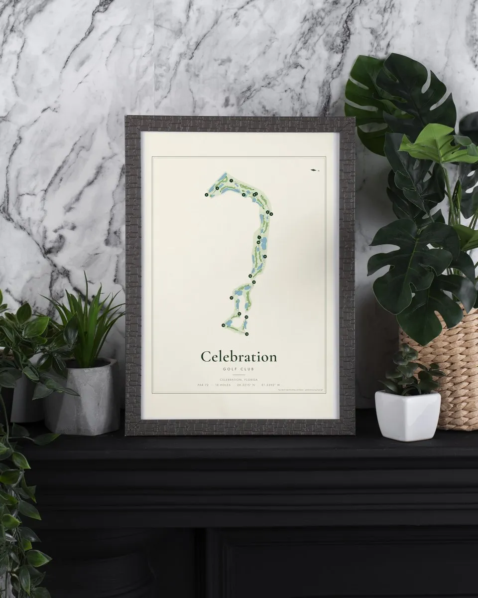 Celebration Golf Club golf course map print framed on a wall