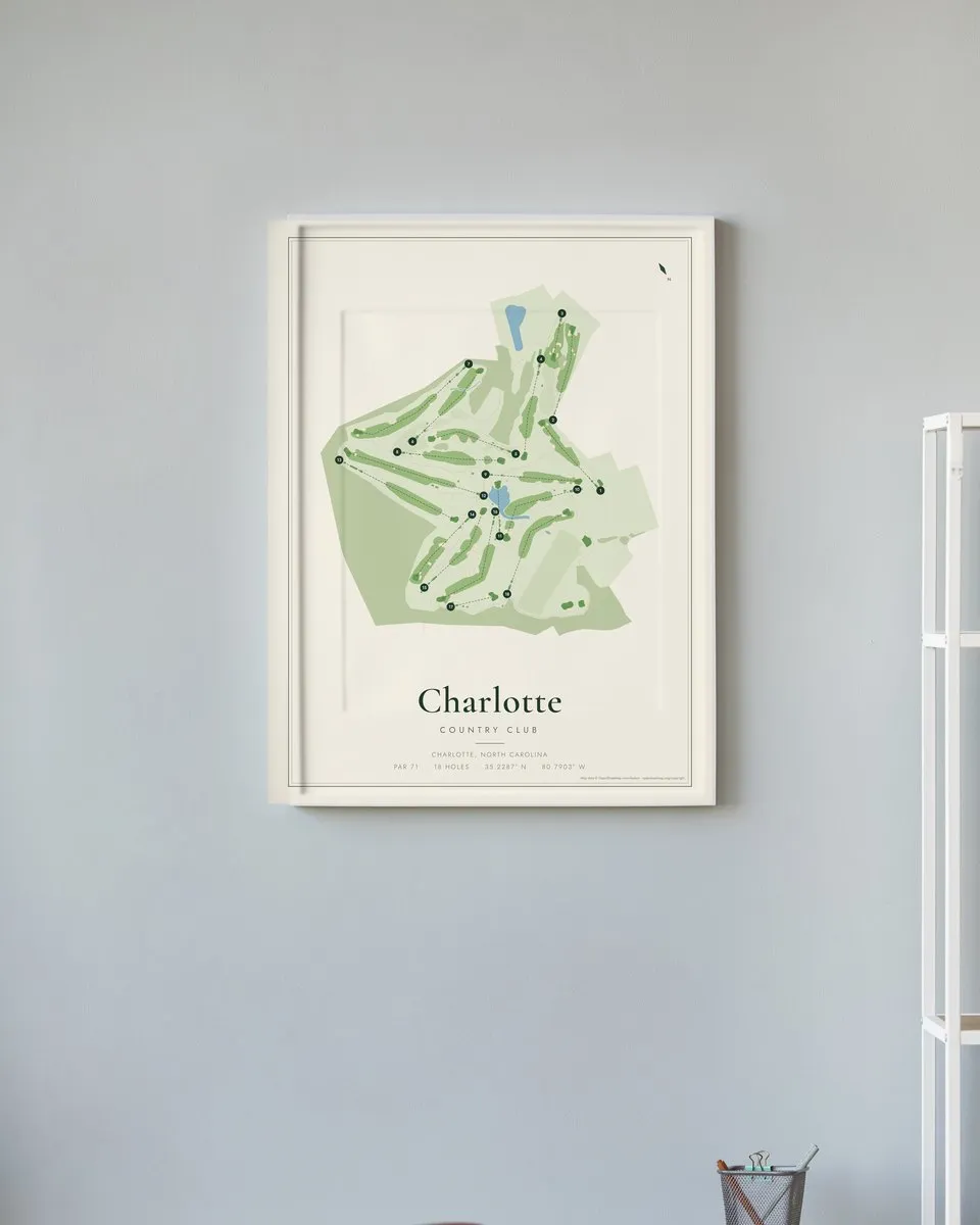 Charlotte Country Club golf course map print framed on a wall