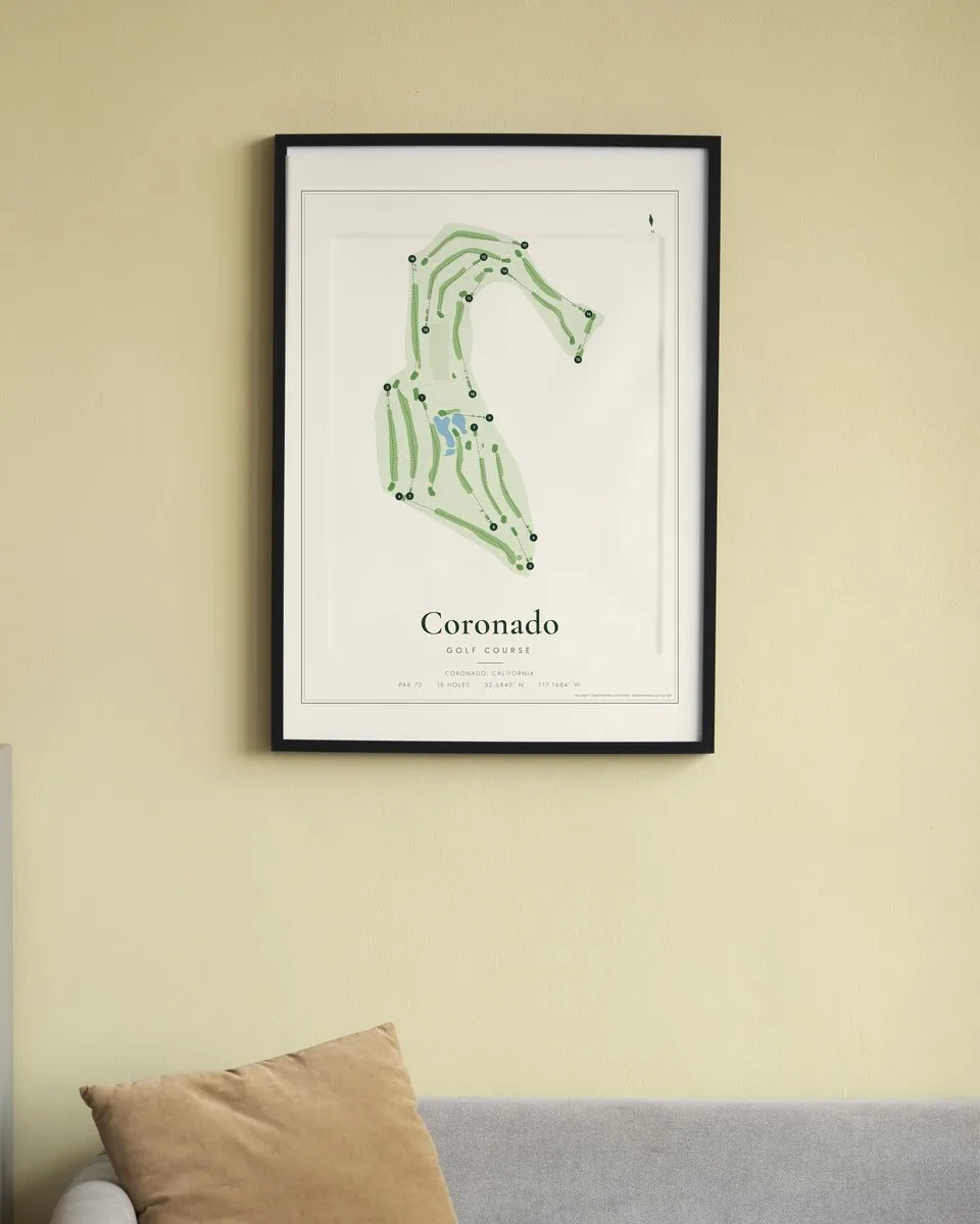 Coronado Golf Course golf course map print framed on a wall