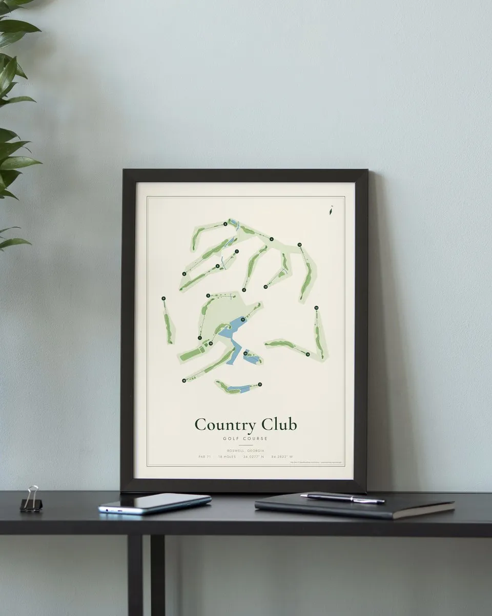 Country Club of Roswell golf course map print framed on a wall