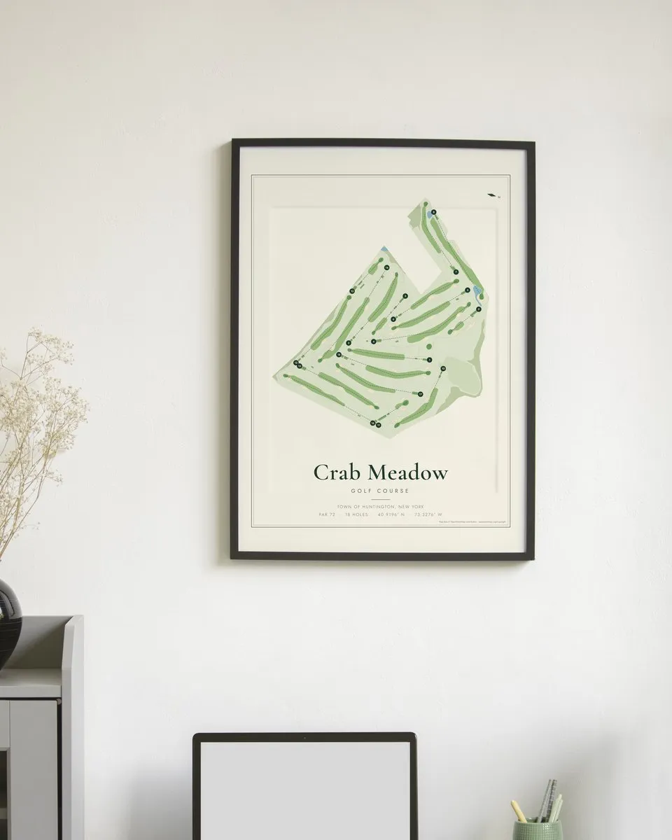 Crab Meadow Golf Course golf course map print framed on a wall