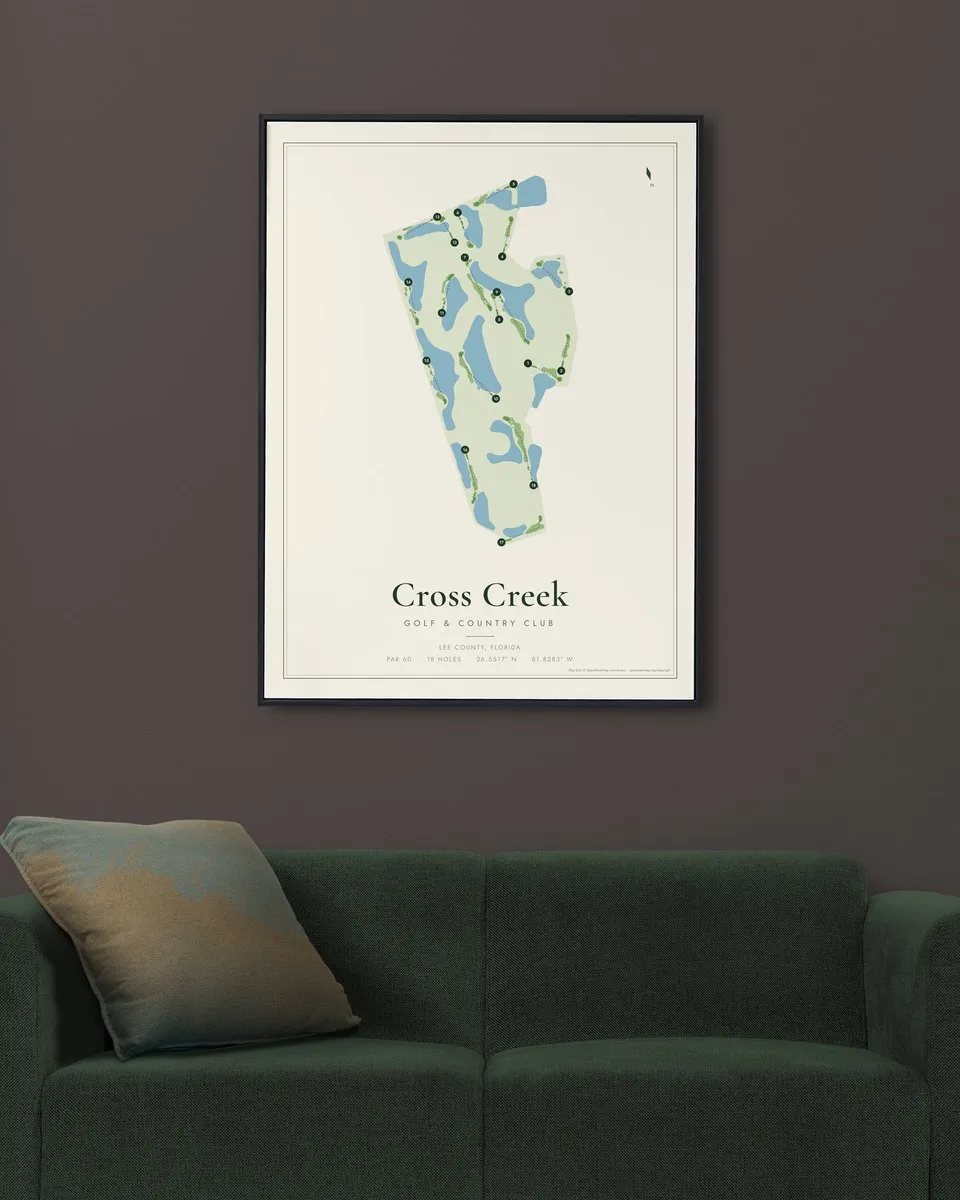 Cross Creek Golf & Country Club golf course map print framed on a wall