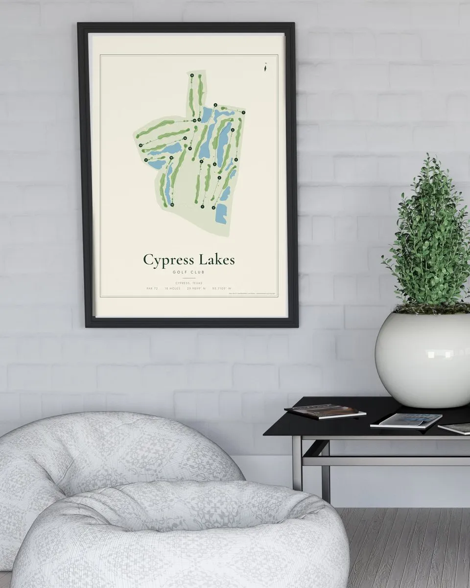 Cypress Lakes Golf Club golf course map print framed on a wall