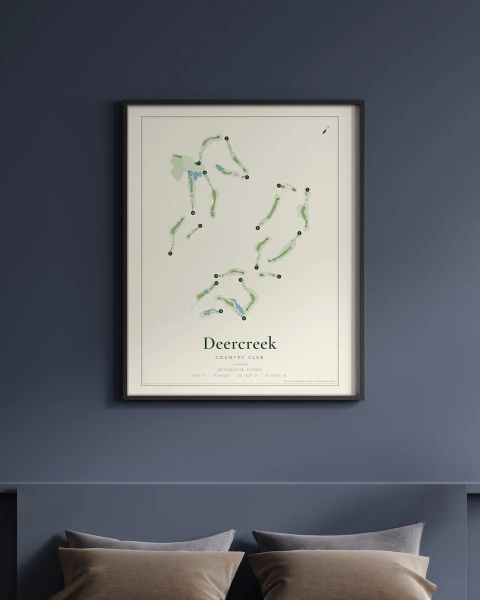 Deercreek Country Club golf course map print framed on a wall