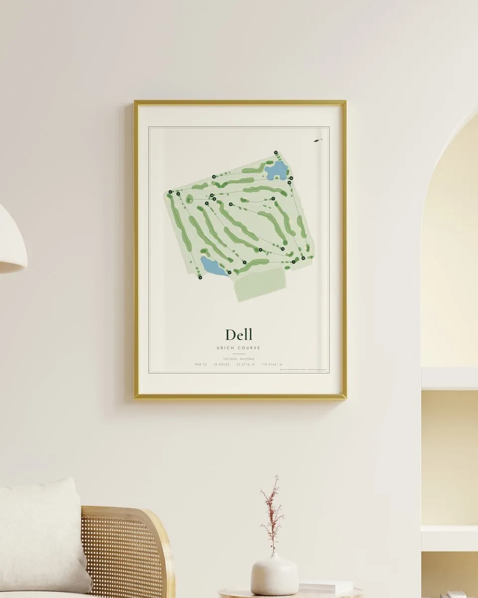 Dell Urich Course golf course map print framed on a wall