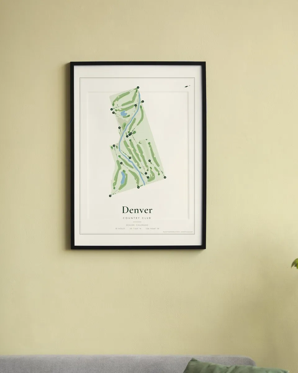 Denver Country Club golf course map print framed on a wall