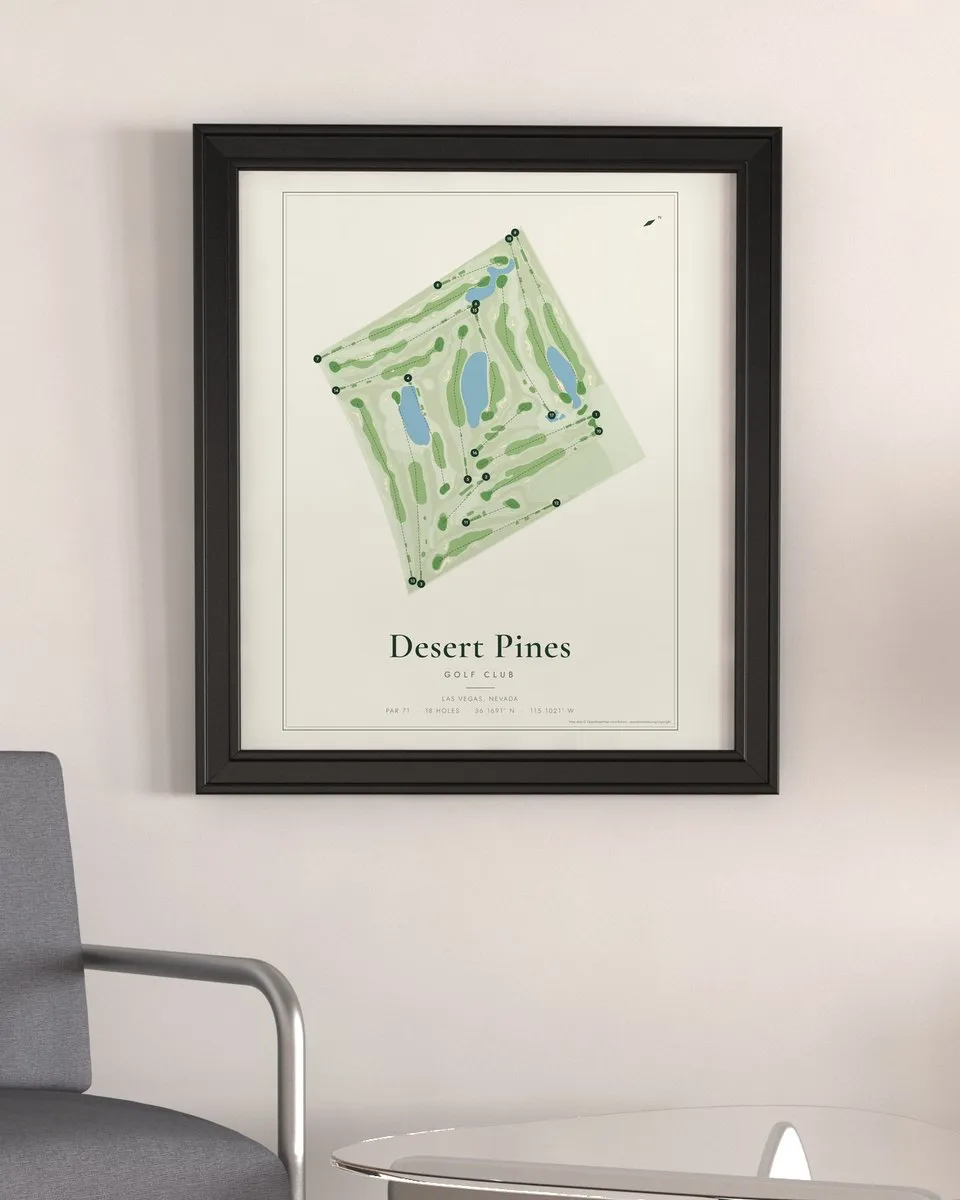 Desert Pines Golf Club golf course map print framed on a wall