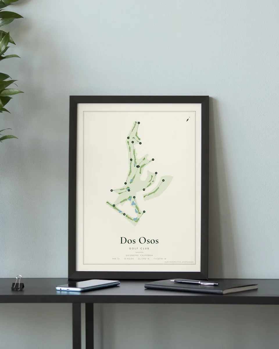 Dos Osos Golf Club golf course map print framed on a wall