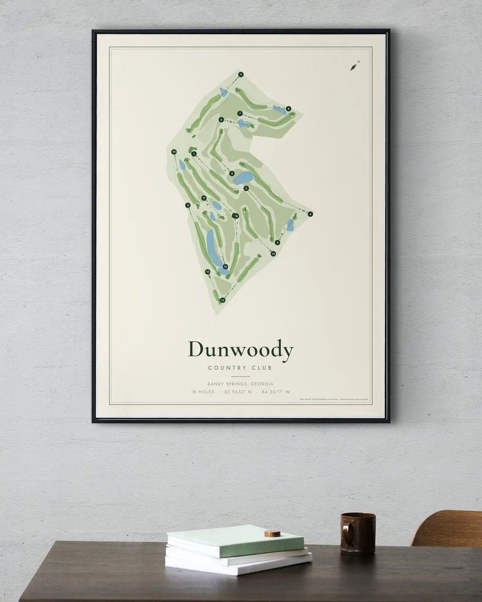 Dunwoody Country Club golf course map print framed on a wall