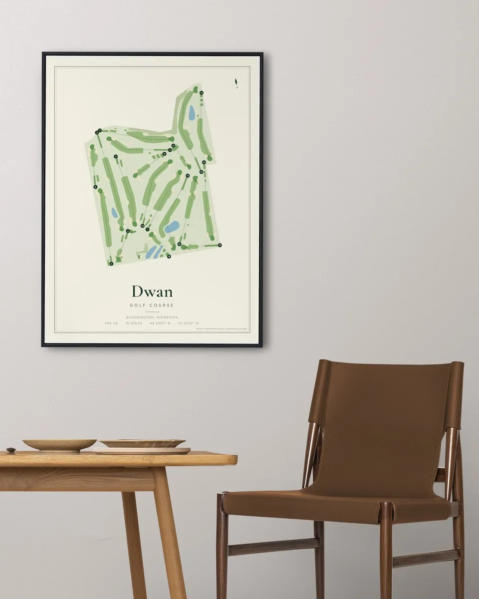Dwan Golf Course golf course map print framed on a wall