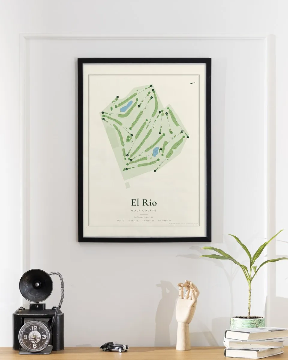 El Rio Golf Course golf course map print framed on a wall