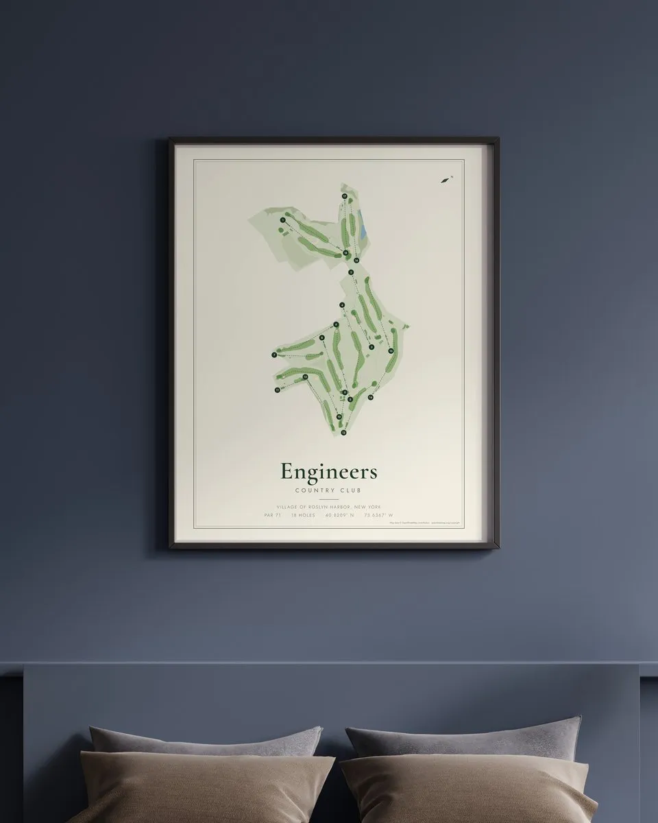 Engineers Country Club golf course map print framed on a wall