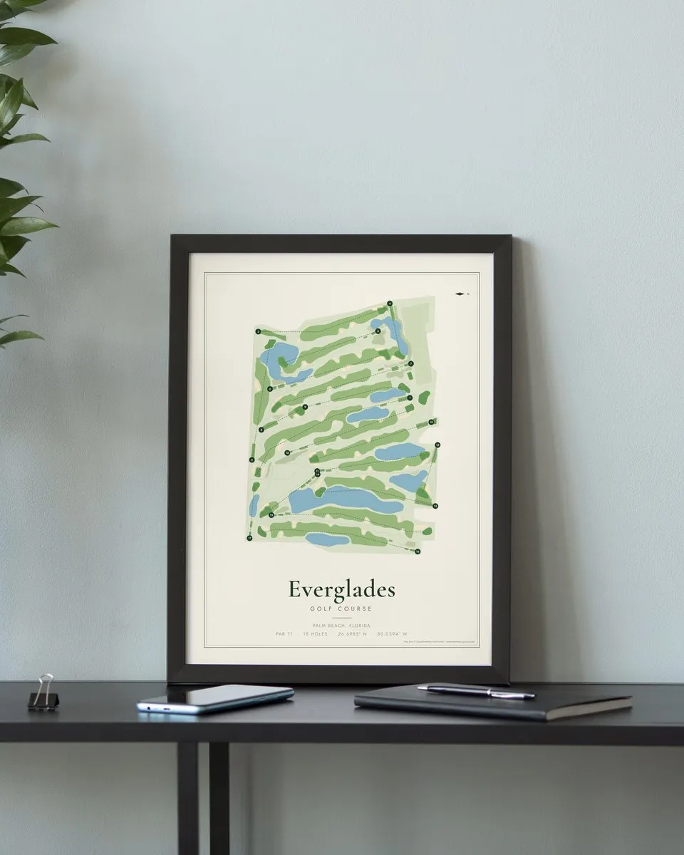Everglades Golf Course golf course map print framed on a wall