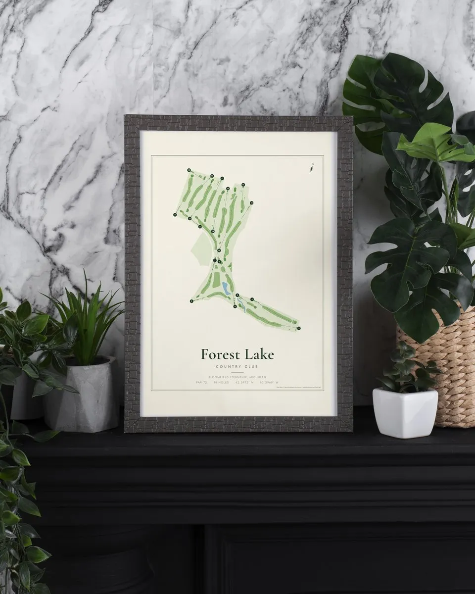 Forest Lake Country Club golf course map print framed on a wall