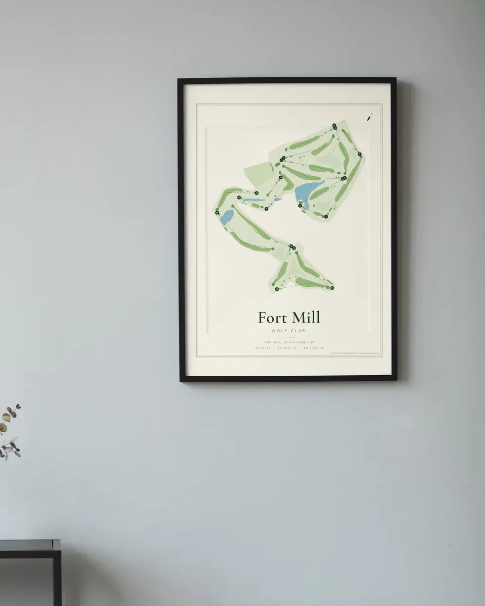Fort Mill Golf Club golf course map print framed on a wall