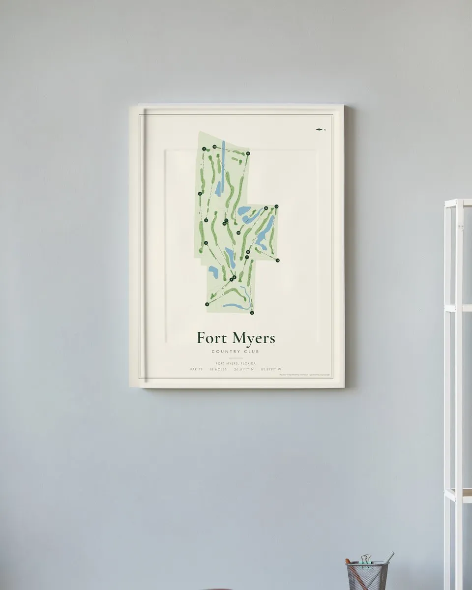 Fort Myers Country Club golf course map print framed on a wall
