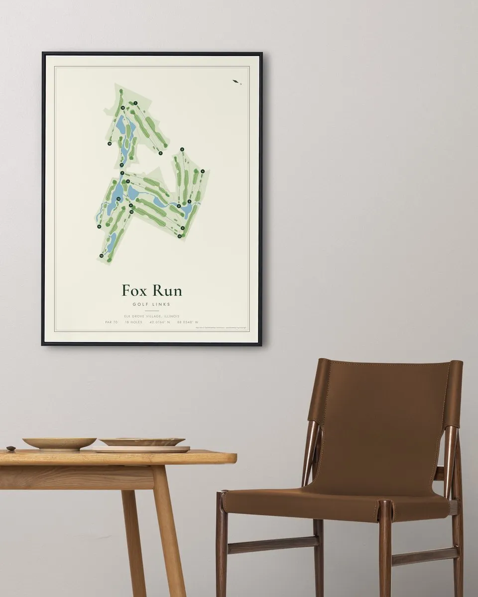 Fox Run Golf Links golf course map print framed on a wall