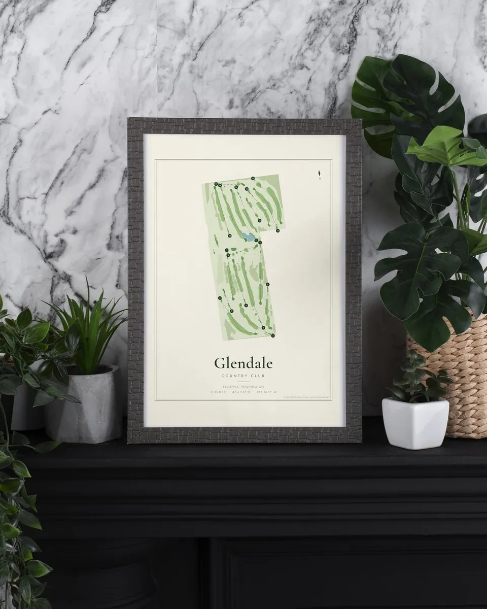 Glendale Country Club golf course map print framed on a wall