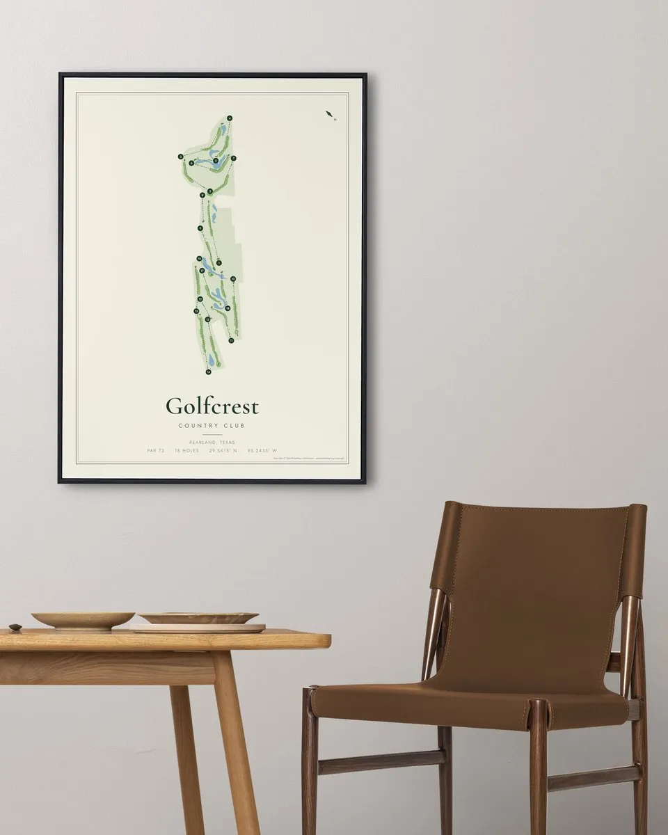 Golfcrest Country Club golf course map print framed on a wall