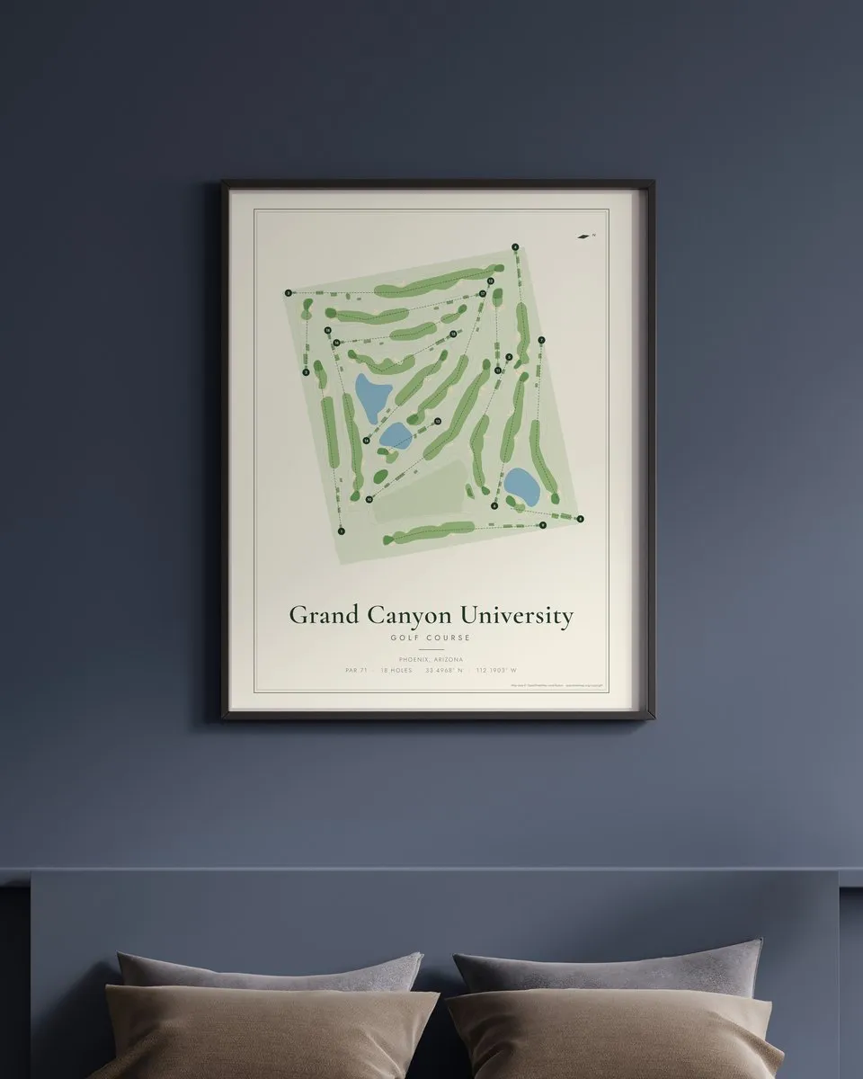 Grand Canyon University Golf Course golf course map print framed on a wall