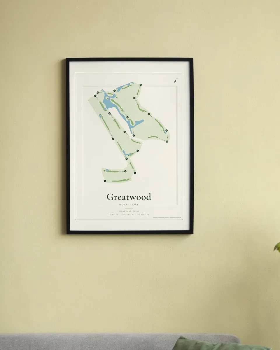 Greatwood Golf Club golf course map print framed on a wall