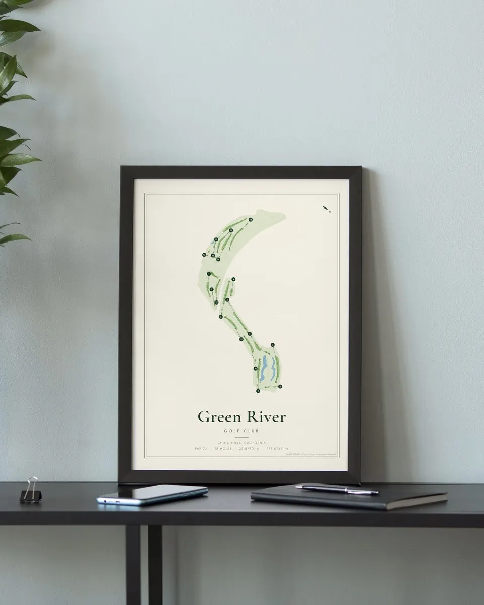 Green River Golf Club golf course map print framed on a wall