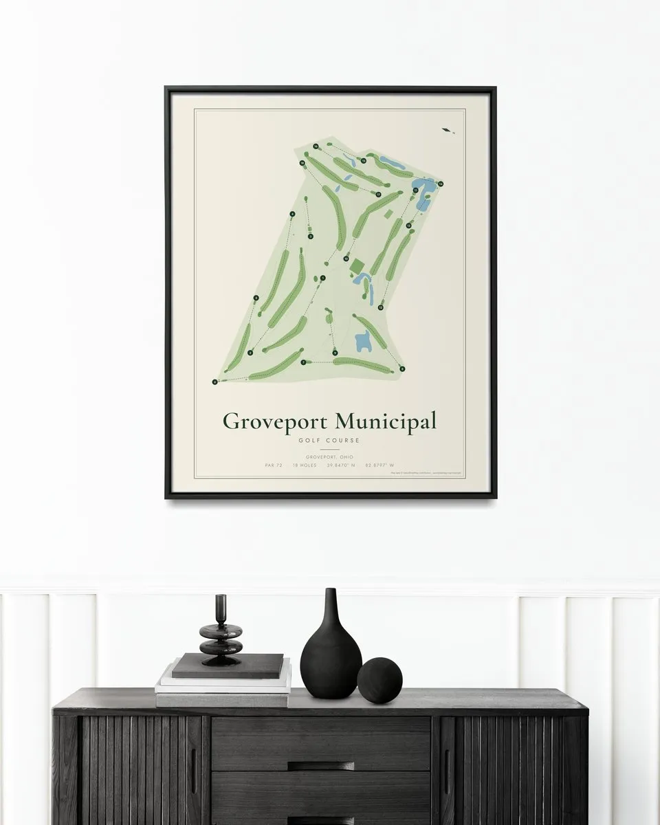 Groveport Municipal Golf Course golf course map print framed on a wall