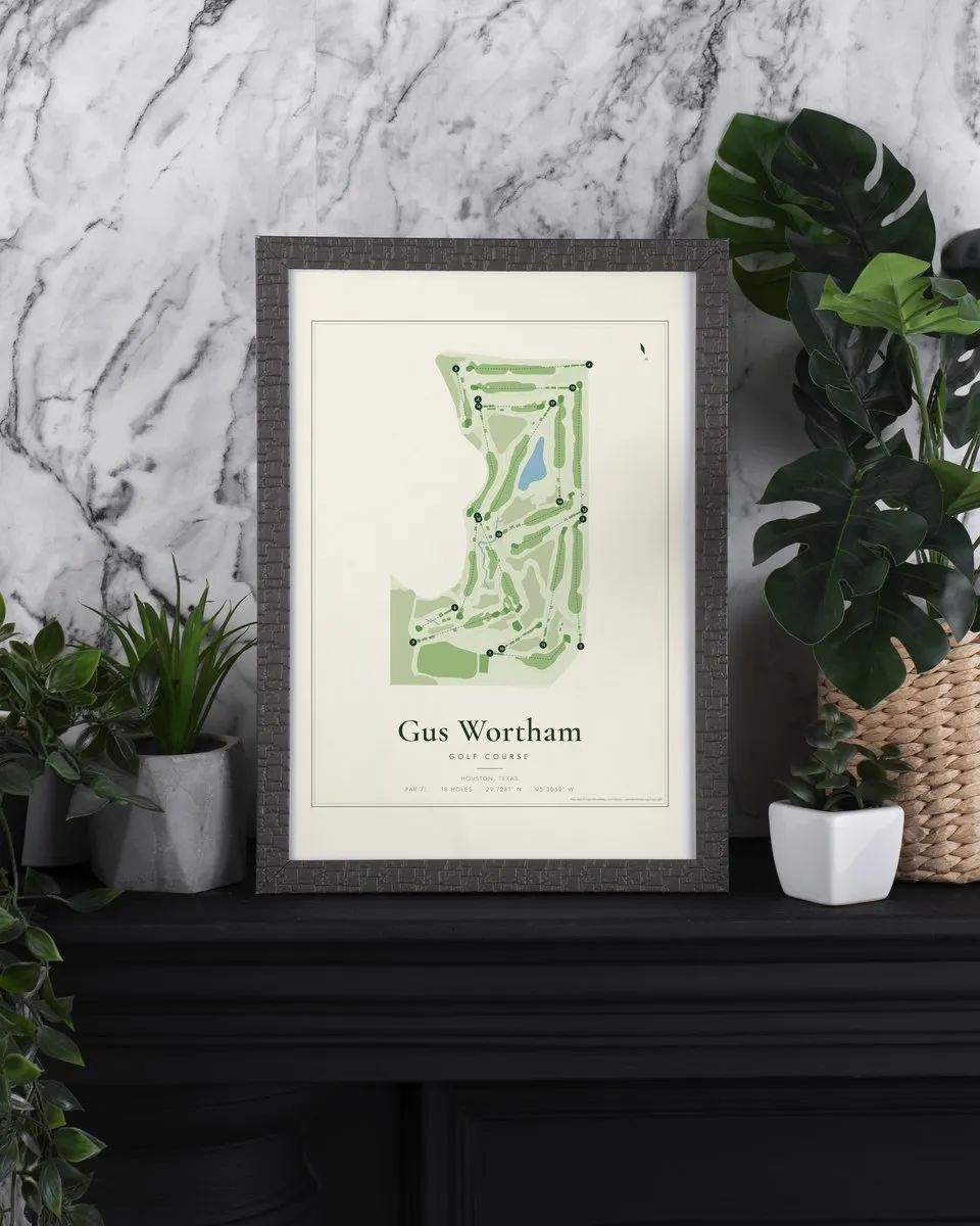 Gus Wortham Golf Course golf course map print framed on a wall