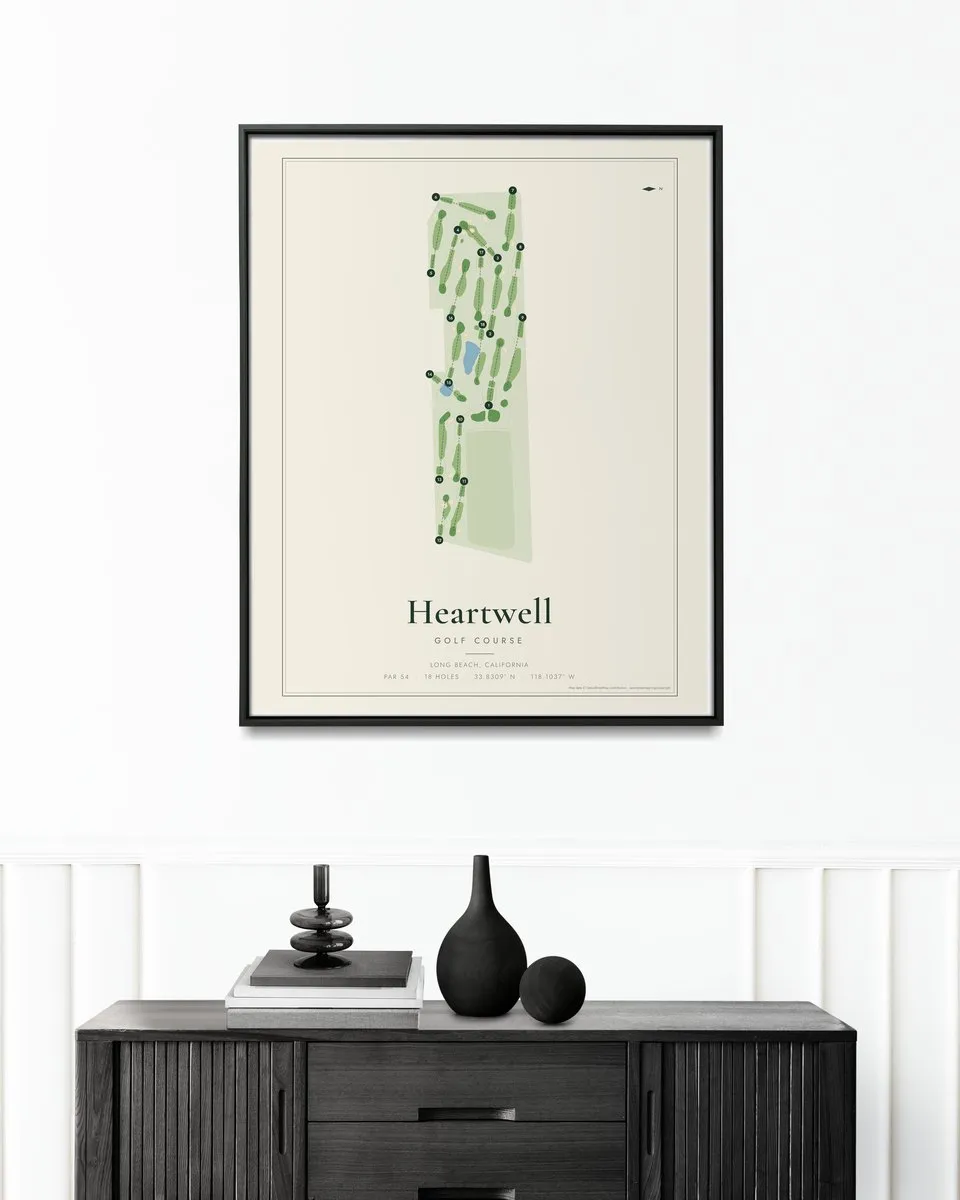 Heartwell Golf Course golf course map print framed on a wall