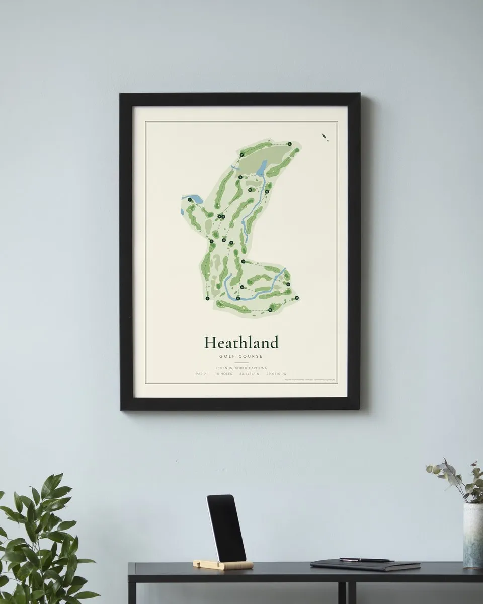 Heathland Golf Course golf course map print framed on a wall