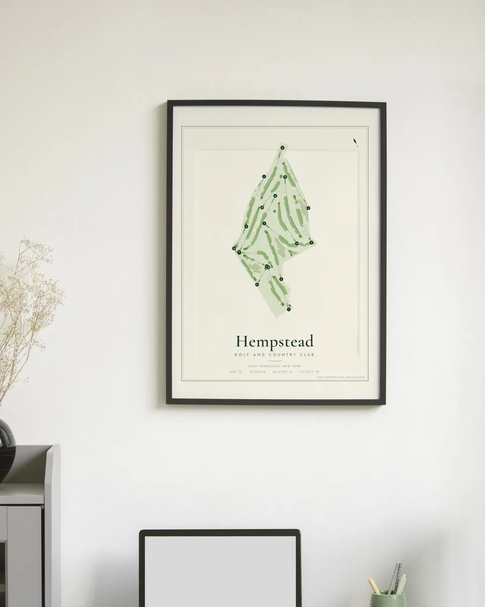 Hempstead Golf and Country Club golf course map print framed on a wall
