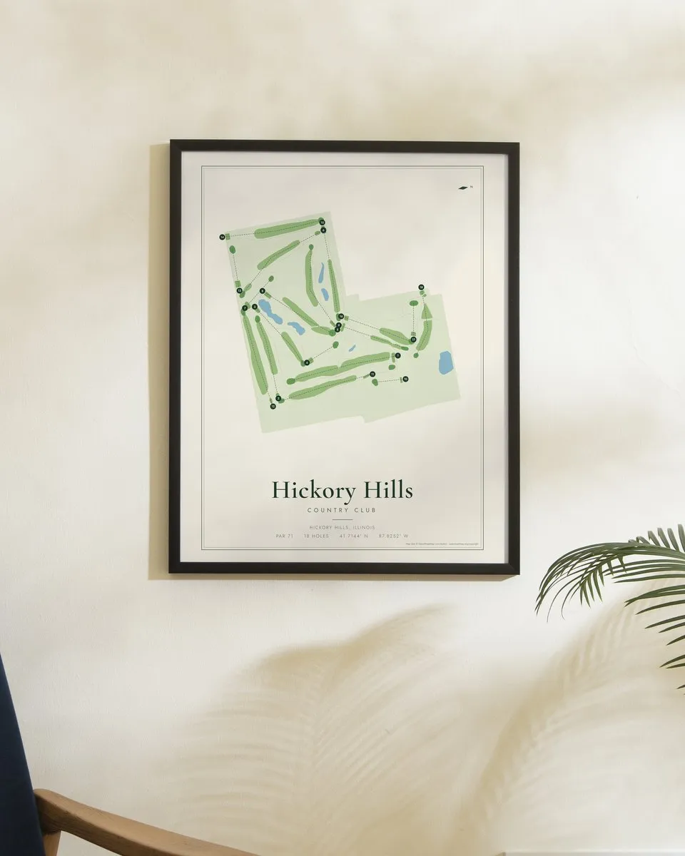 Hickory Hills Country CLub golf course map print framed on a wall