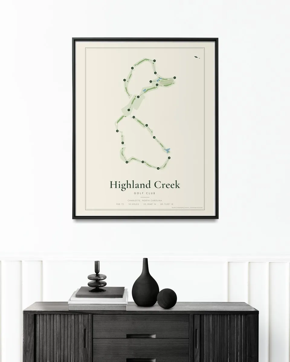 Highland Creek Golf Club golf course map print framed on a wall