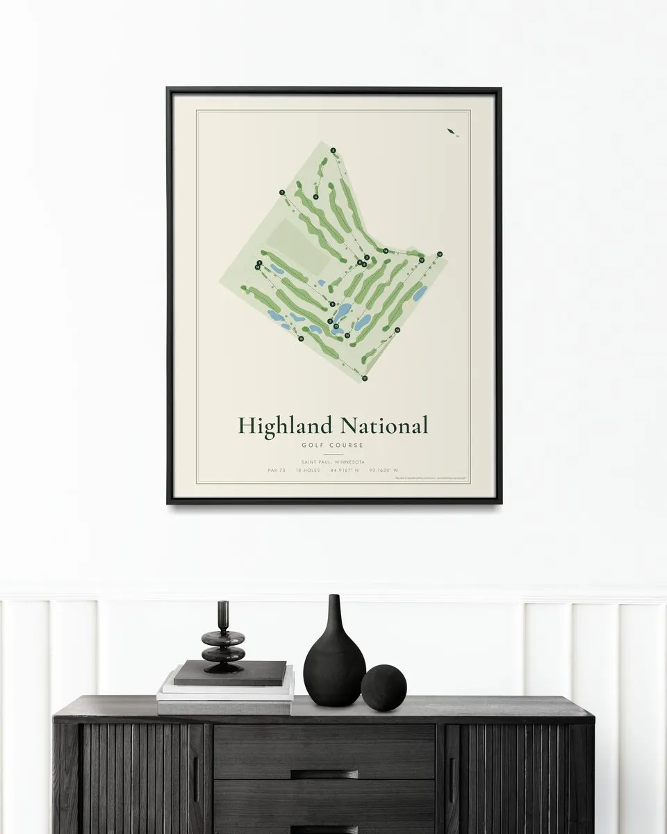 Highland National Golf Course golf course map print framed on a wall