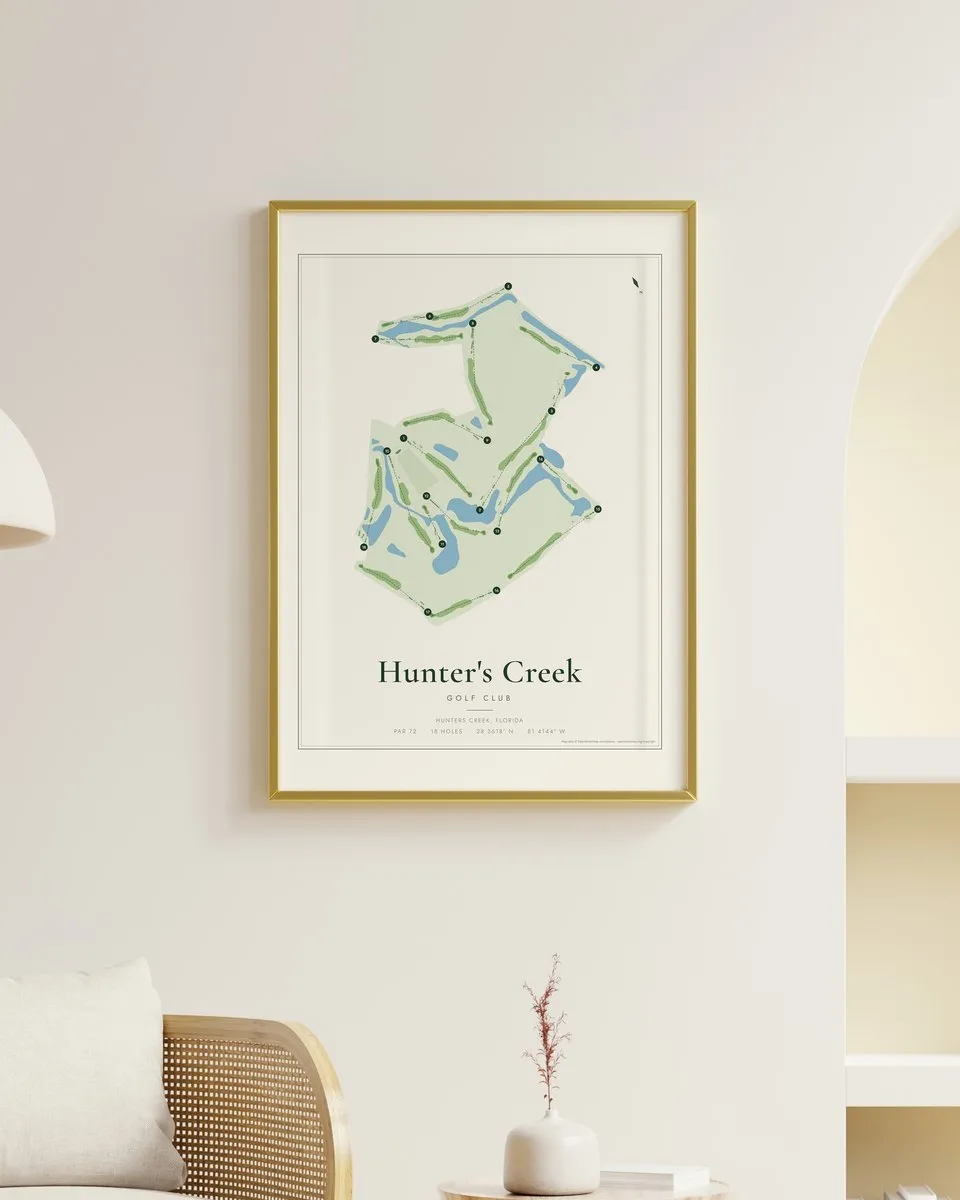 Hunter's Creek Golf Club golf course map print framed on a wall