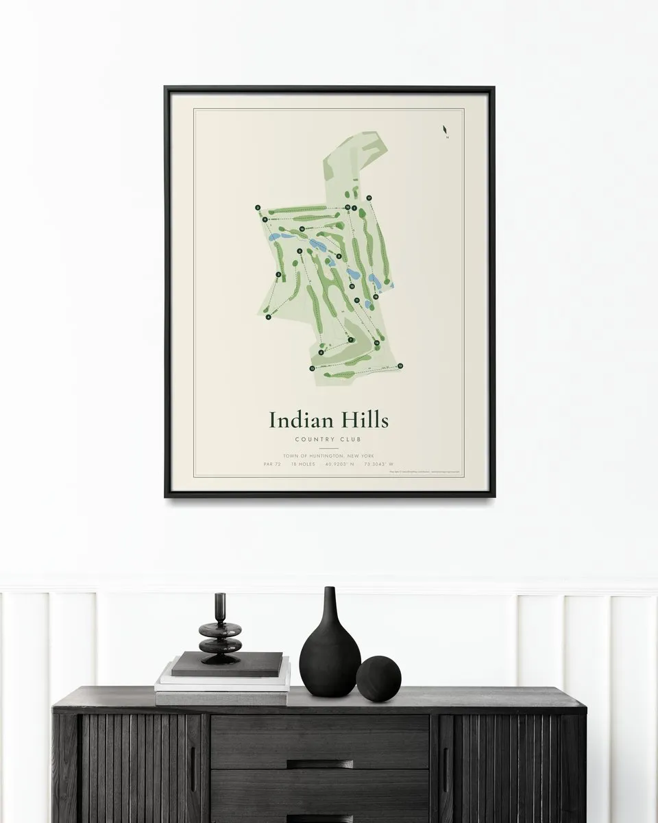 Indian Hills Country Club golf course map print framed on a wall